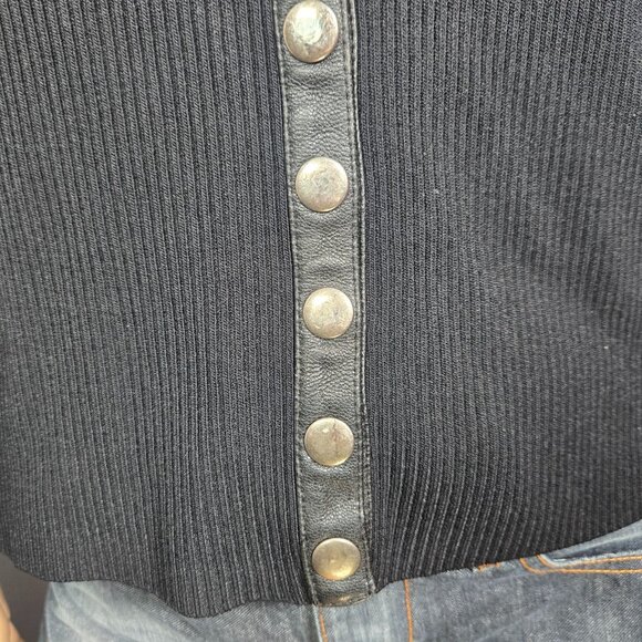 Y2K Black Ribbed Sweater Silver Snap Buttons Leather Trim Size S Gothic Vampy - Picture 3 of 13